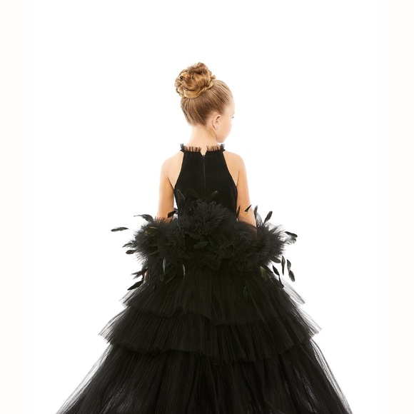 Mac Duggal GIRLS HIGH NECK TULLE DRESS WITH FEATHER DETAIL - Picture 2 of 4